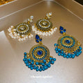 Ornate Round Beaded Drop Earrings in Blue and White view 4
