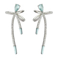 Silver Light Blue Teardrop Crystal Bow Long Drop Earrings view 5