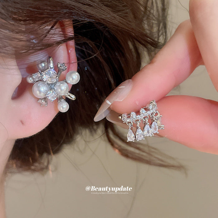 Silver Crystal Drop Ear Clip Pearl Flower Clip Open Ring