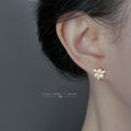 Gold Tone White Pearl Clear Leaf Small Flower Stud Earrings view 2
