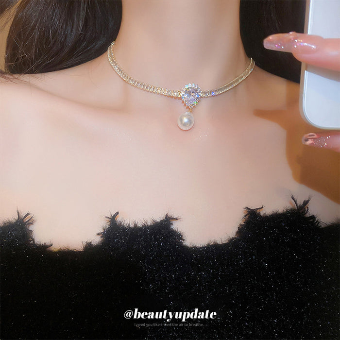 Gold Baguette Crystal Pearl Drop Choker Necklace Single Style