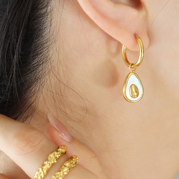 Avocado Shell Drop Hoop Earrings Gold Or Steel Tone