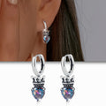 Antique Silver Crown Heart Rainbow Stone Huggie Earrings view 2