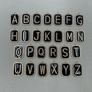 Black Enamel Rhinestone Letter Charm Pendant Gold-Tone Alloy