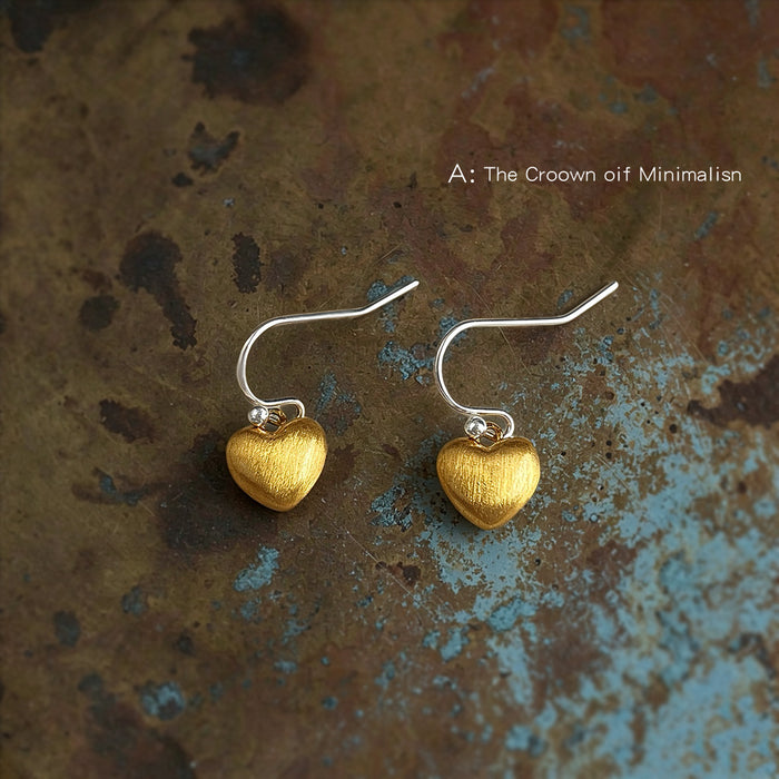 Brushed Gold Heart Drop Earrings Silver Fishhook Posts