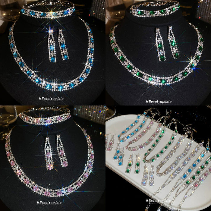Silver Oval Rhinestone Necklace Choker Earring Four-Piece Sets