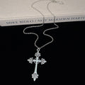 Silver Ornate Cross Pendant Necklace Fine Chain Fleur Tips view 6