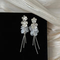 White Petal Flower And Chain Tassel Dangle Earrings view 7