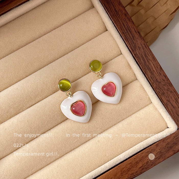 White Heart Drop Earrings Olive Green Stud Pink Center