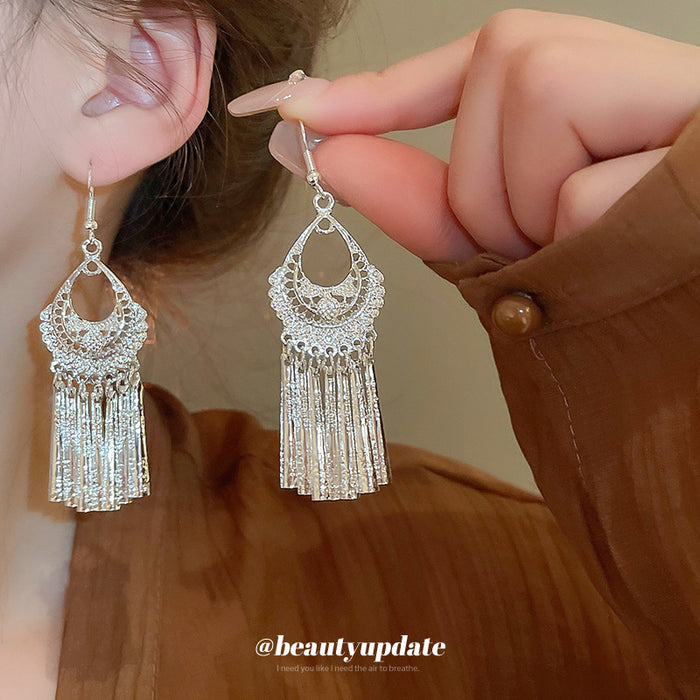 Silver Tone Crescent Fringe Drop Earrings with Hooks