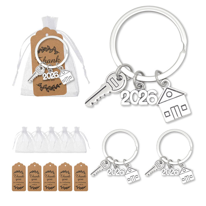 Silver Tone House Keychain With Key and Number Charms