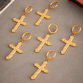 Textured Cross Drop Crystal Hoop Earrings in Gold Tone view 3