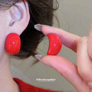 Glossy Red Curved Statement Stud Earrings Jewelry Design
