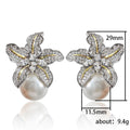 Two Tone Lily Flower Pearl Drop Stud Earrings White Gold view 5