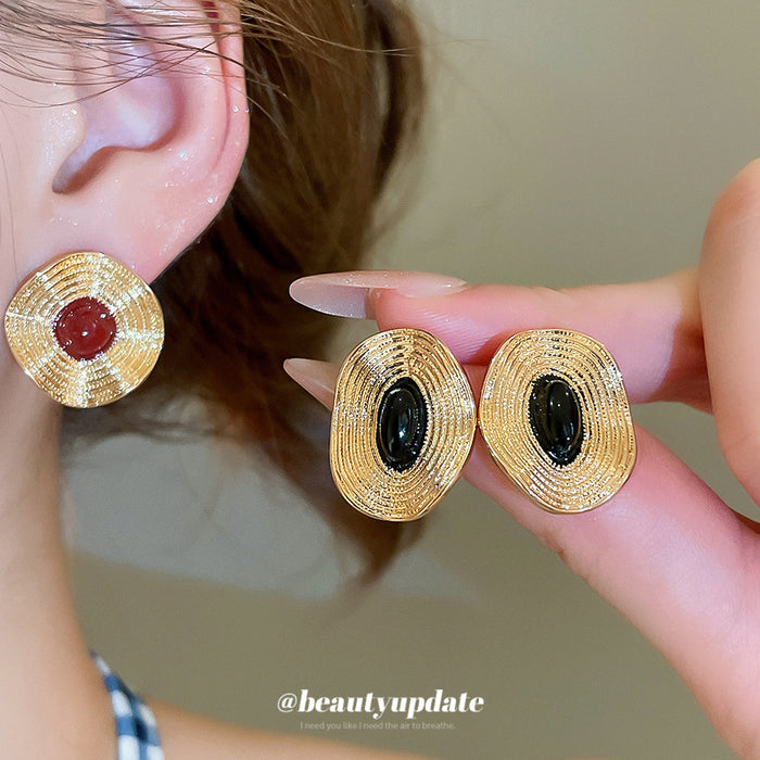 Textured Gold Disc Stud Earrings With Red Or Black Centers