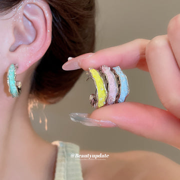 Pink Crystal Textured C Hoop Earrings Fashion Earrings