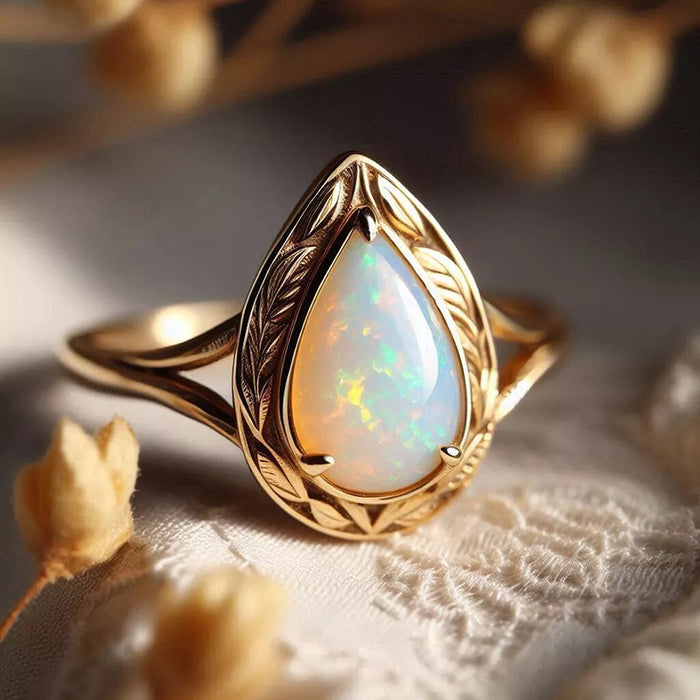 Champagne Gold Engraved Frame Teardrop Faux Opal Ring