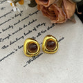 Gold Tone Organic Frame Stud Earrings with Brown Cabochons view 6