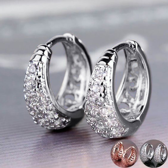Pave Clear Filigree Half Hoop Earrings Three Tones