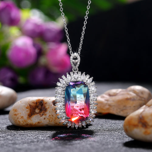 Gradient Crystal Rectangle Pendant Necklace styled close-up
