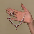 Silver Tone Red Teardrop Necklace and Matching Earrings Set view 1