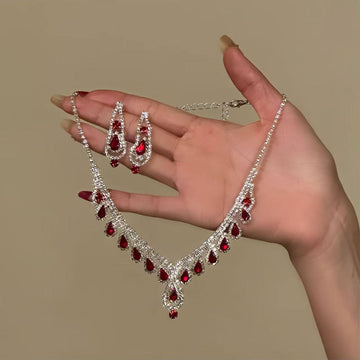 Silver Tone Red Teardrop Necklace and Matching Earrings Set