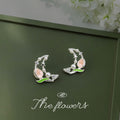Silver Tone Clear Stone Crescent Pink Flower Green Leaf Stud Earrings view 4
