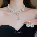 Pearl Flower Rhinestone Necklace Drop Earrings Gold Set view 1