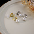 Gold and Silver U-Shape Pearl Huggie Hoop Earrings view 1