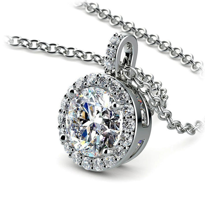 Silver Tone Round Clear Stone Double Halo Pendant Necklace