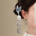 Teal Blue Butterfly Silver Long Tassel Duckbill Hair Clip view 3