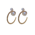 Gold Tone Double Hoop Earrings With Pearl Studs With Polished Metal Tone Details view 5