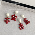 White Ball Stud Red Enamel Character Charm Drop Earrings view 2