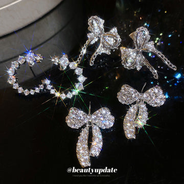 Crystal Bow and Planet Motif Stud Earrings in Three Designs