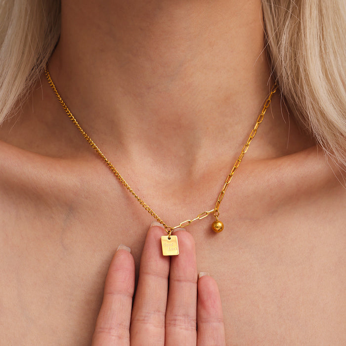 Gold Stainless Steel Good Luck Square Tag Ball Necklace