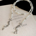 Long Pearl Strand And Crystal Bow Silver Tassel Necklace view 6