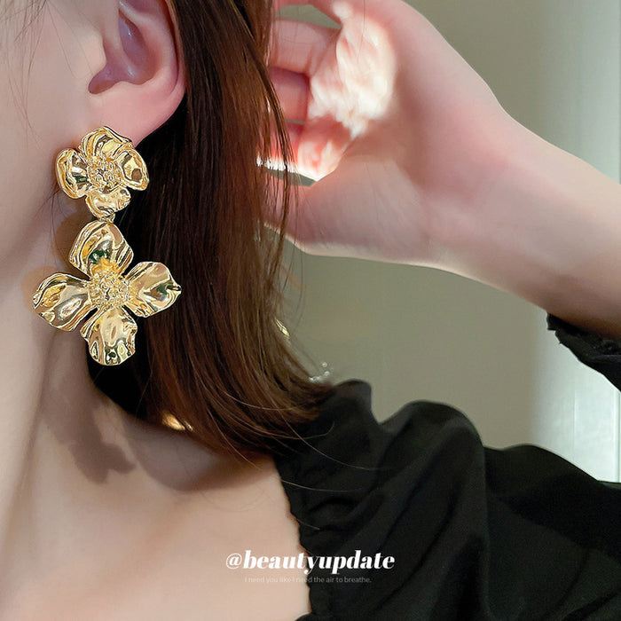 Gold Sculpted Double Flower Drop Earrings Polished Metal Jewelry