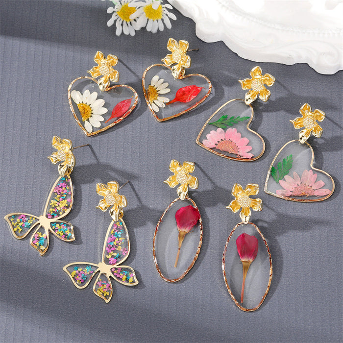 Gold Tone Butterfly Top Resin Pressed Flower Drop Stud Earrings