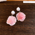 Pink Resin Rose Drop Earrings With White Pearl Stud Tops view 6