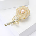 Gold-Tone Crystal Rose Stem Brooch With Faux Pearl Center view 2