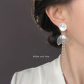 White Pearl Stud Clear Mermaid Tail Tassel Earrings view 2