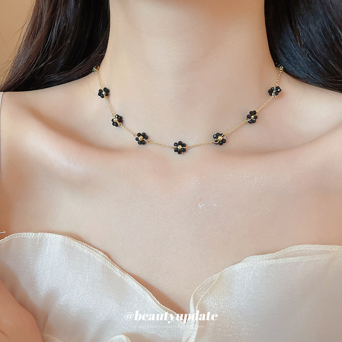 Black Flower Beaded Gold Tone Chain Necklace Statement Jewelry