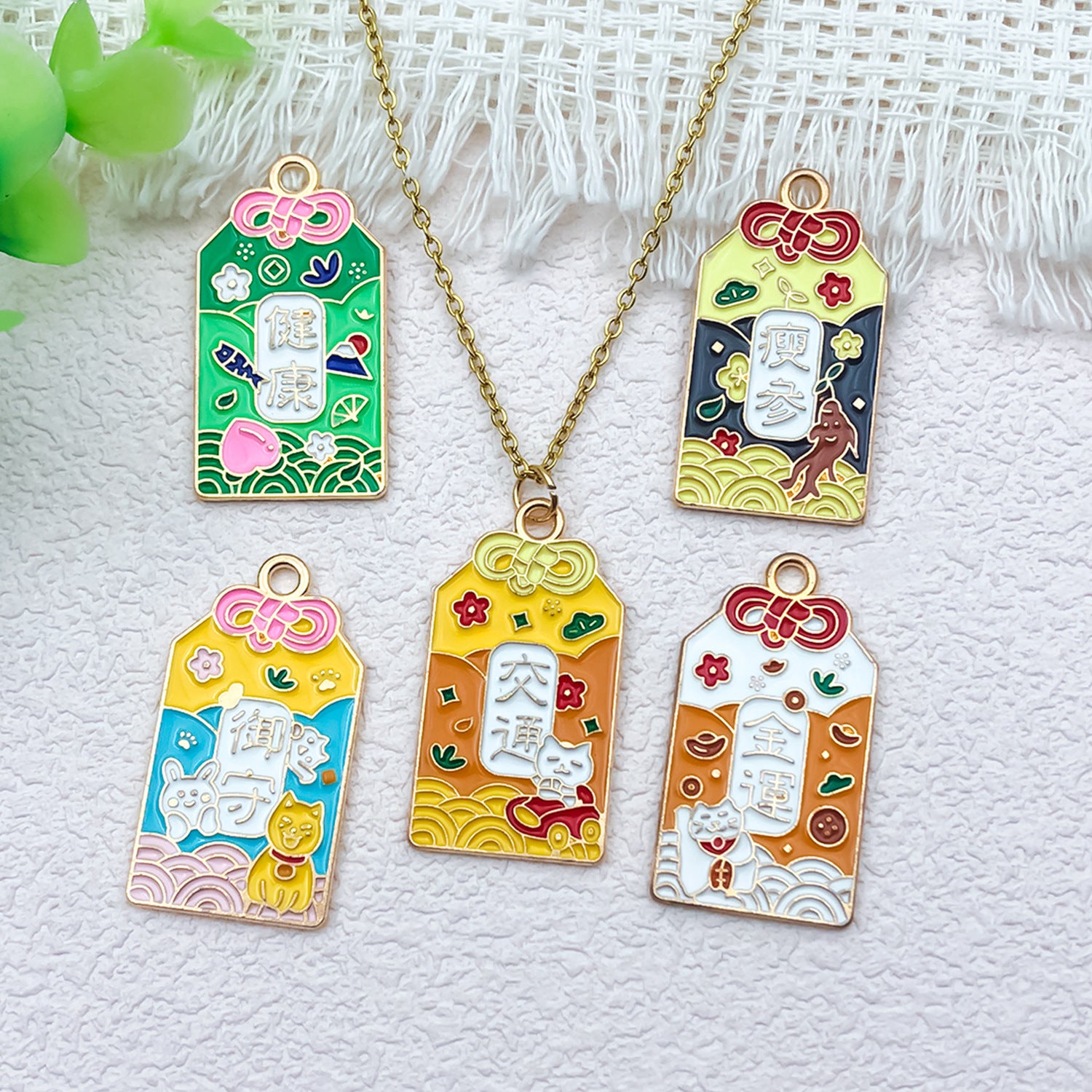 K Gold Zinc Alloy Japanese Fortune Plaque Enamel Charm Pendant for DIY Earrings Keychain