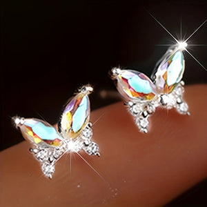 Silver AB Iridescent Butterfly Crystal Stud Earrings