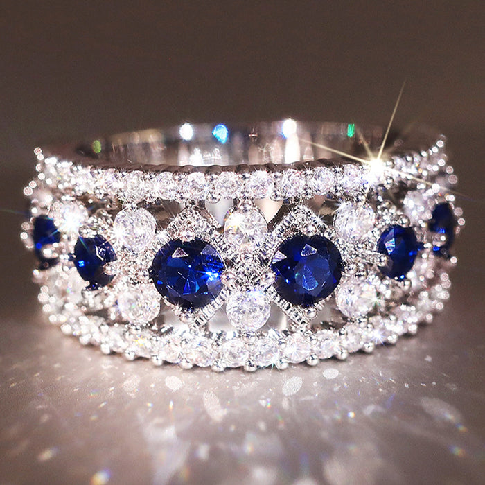 White Gold Blue Sapphire Round Pavé Crystal Band Ring 6-10