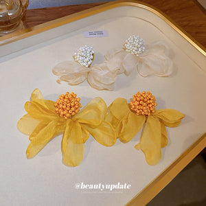 Fabric Petal Flower Stud Earrings in Yellow and Ivory