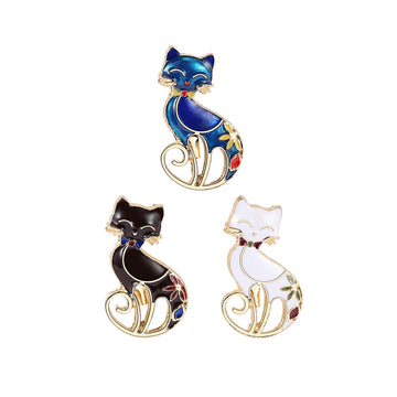 Enamel Sitting Cat Brooch Three Piece Blue Black White