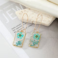 Gold Tone Rectangular Clear Resin Pressed Flower Long Wire Earrings view 5