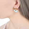 Heart Enamel Stud Earrings Gold Steel Blue White Brown view 6