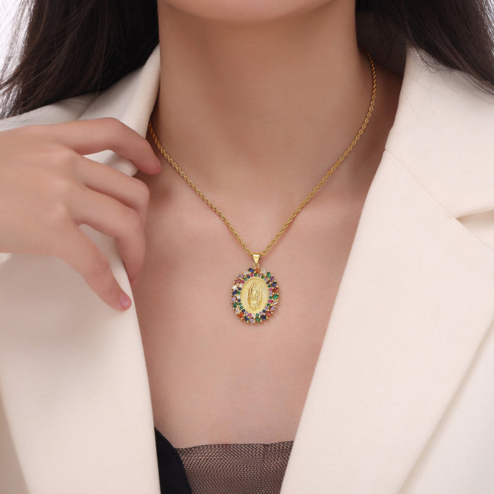 Gold Madonna Pendant Necklaces Shell Zircon Or Multicolor Halo